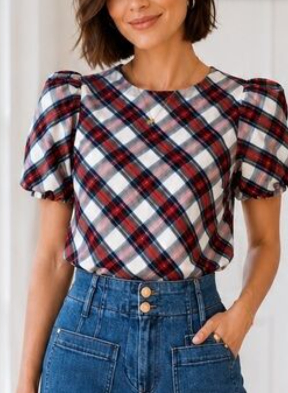 J. Crew Factory Christmas Plaid Puff Sleeve Top